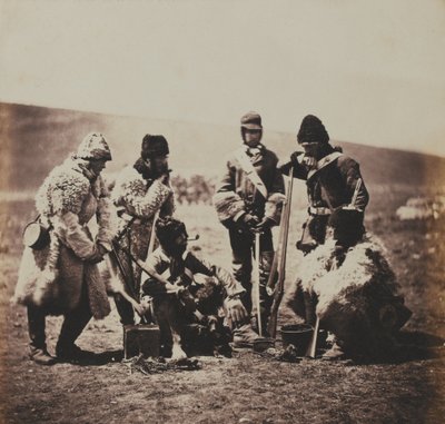 Captain Pechell and Men of the 77th Regiment of Foot in Winter Dress, from an album of 52 photographs associated with the Crimean War by Roger Fenton